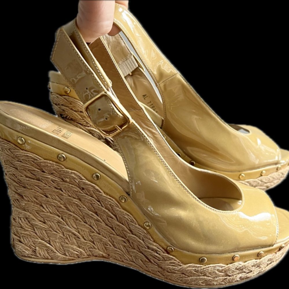 Stuart Weitzman Platform Wedge Sandals, Tan Patent Leather, size 9.5